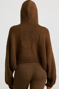 Oh Polly Knitwear | Sweatshirts^Cropped Zip Up Chunky Knit Hoodie in Espresso