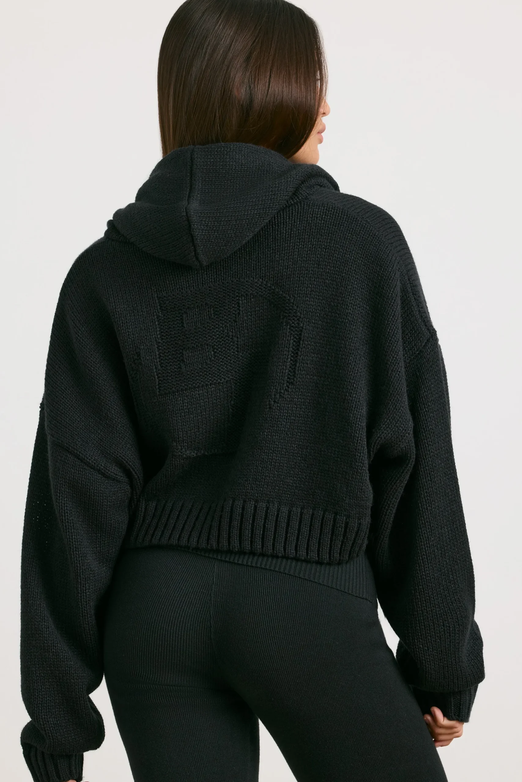 Oh Polly Knitwear^Cropped Zip Up Chunky Knit Hoodie in Black