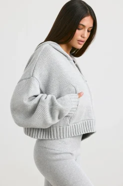 Oh Polly Knitwear | Sweatshirts^Cropped Zip Up Chunky Knit Hoodie in Heather Grey HeatherGrey