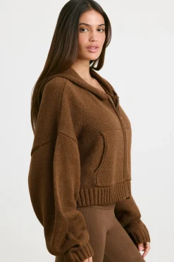 Oh Polly Knitwear | Sweatshirts^Cropped Zip Up Chunky Knit Hoodie in Espresso