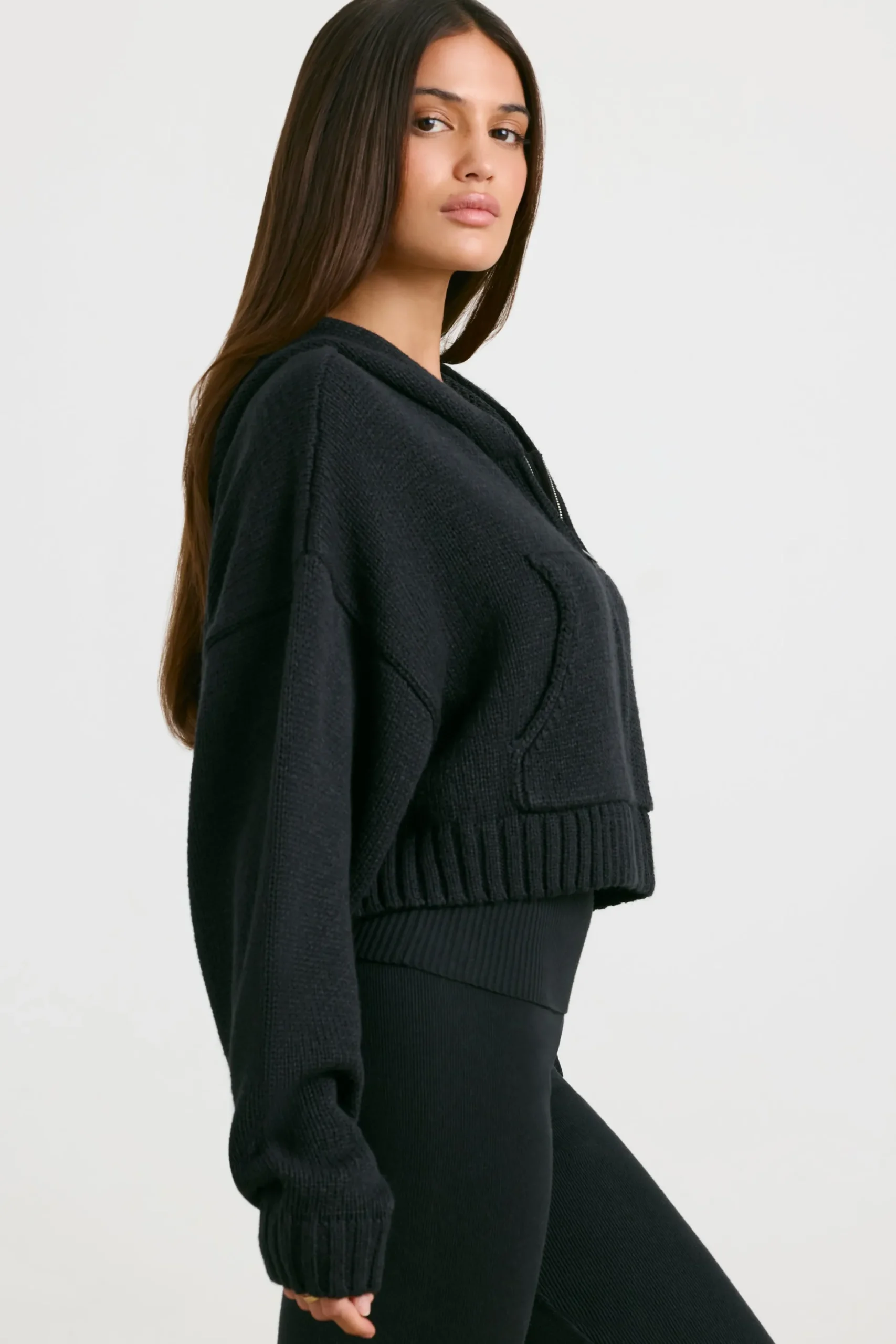 Oh Polly Knitwear^Cropped Zip Up Chunky Knit Hoodie in Black