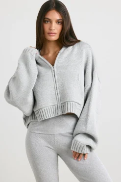 Oh Polly Knitwear | Sweatshirts^Cropped Zip Up Chunky Knit Hoodie in Heather Grey HeatherGrey