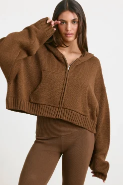 Oh Polly Knitwear | Sweatshirts^Cropped Zip Up Chunky Knit Hoodie in Espresso