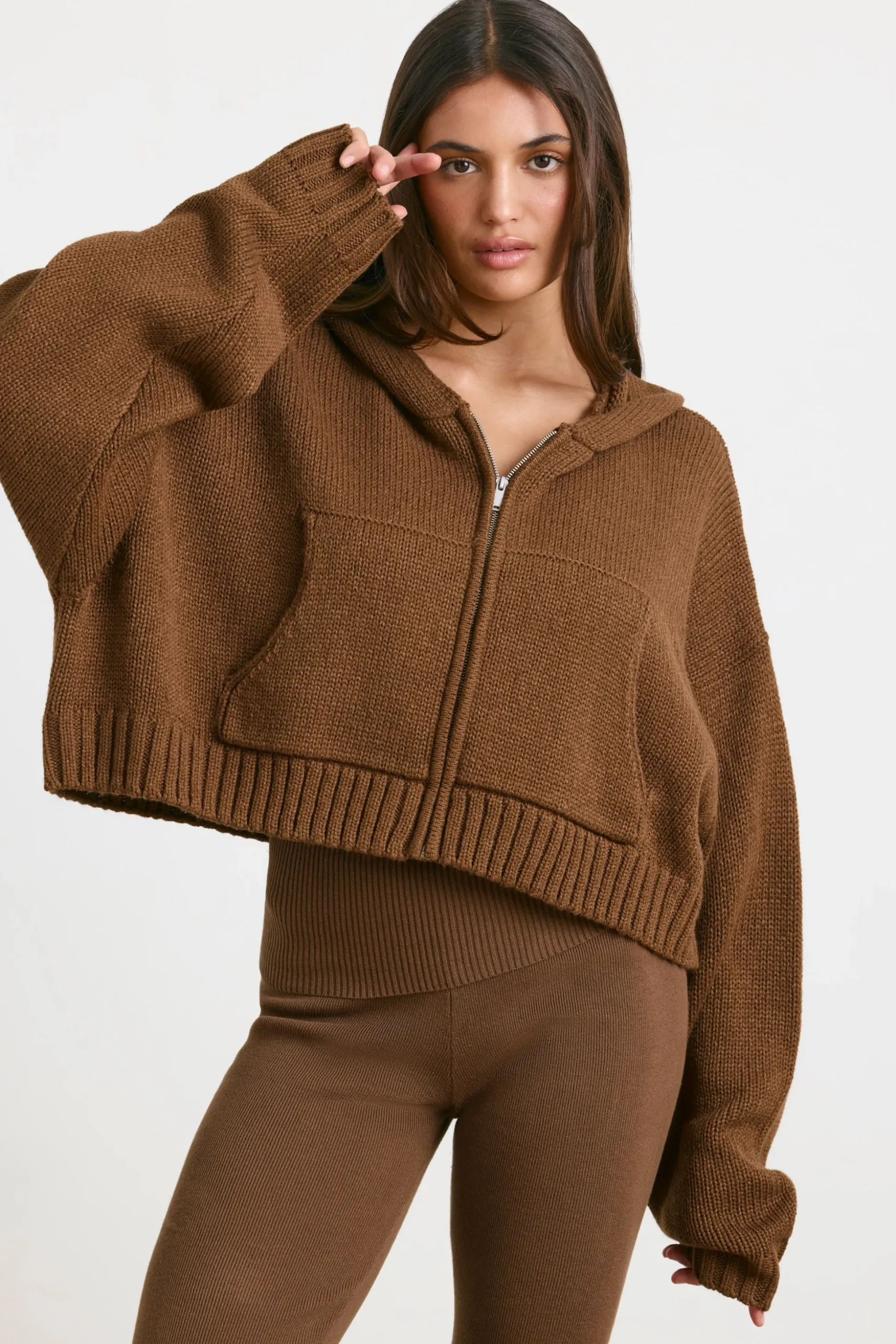 Oh Polly Knitwear | Sweatshirts^Cropped Zip Up Chunky Knit Hoodie in Espresso