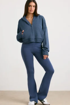 Oh Polly Knitwear | Sweatshirts^Cropped Zip Up Chunky Knit Hoodie in Washed Navy WashedNavy