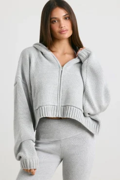 Oh Polly Knitwear | Sweatshirts^Cropped Zip Up Chunky Knit Hoodie in Heather Grey HeatherGrey
