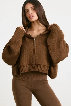 Oh Polly Knitwear | Sweatshirts^Cropped Zip Up Chunky Knit Hoodie in Espresso