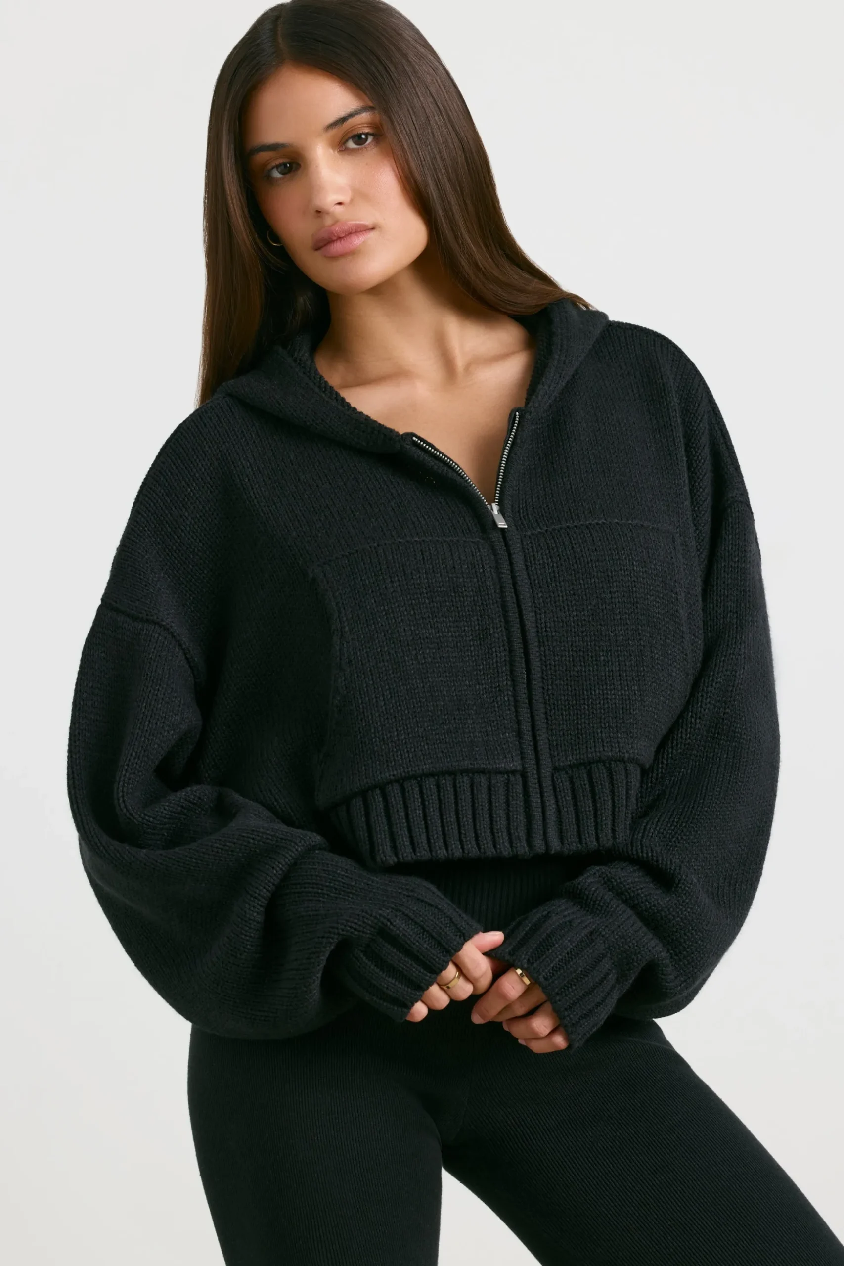 Oh Polly Knitwear^Cropped Zip Up Chunky Knit Hoodie in Black