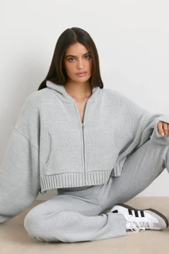 Oh Polly Knitwear | Sweatshirts^Cropped Zip Up Chunky Knit Hoodie in Heather Grey HeatherGrey