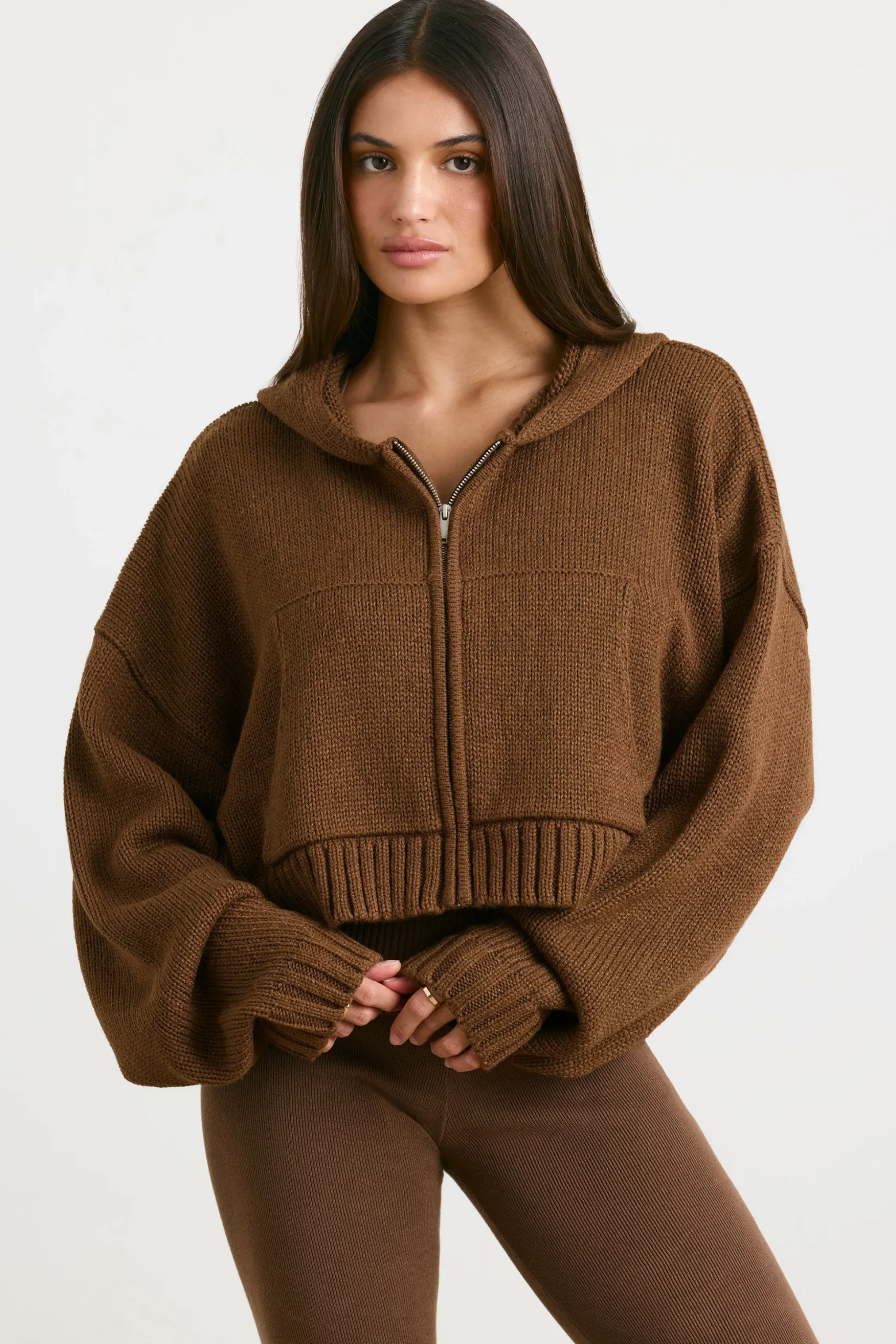 Oh Polly Knitwear | Sweatshirts^Cropped Zip Up Chunky Knit Hoodie in Espresso