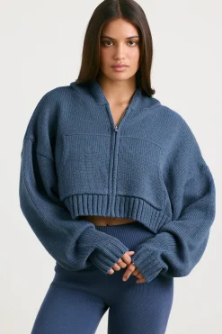 Oh Polly Knitwear | Sweatshirts^Cropped Zip Up Chunky Knit Hoodie in Washed Navy WashedNavy