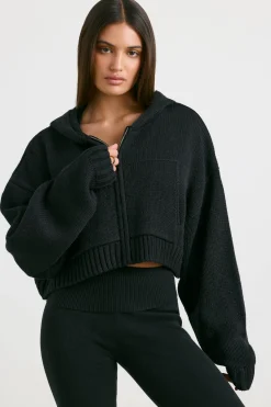 Oh Polly Knitwear^Cropped Zip Up Chunky Knit Hoodie in Black