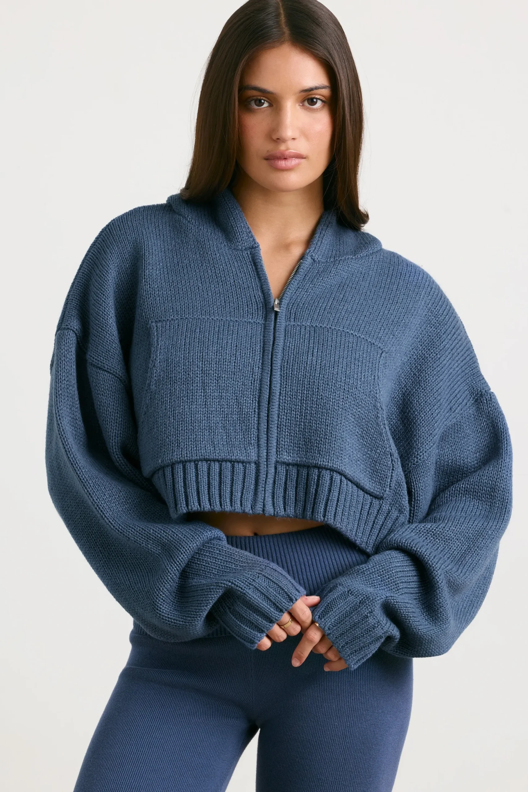 Oh Polly Knitwear | Sweatshirts^Cropped Zip Up Chunky Knit Hoodie in Washed Navy WashedNavy
