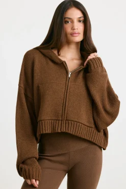Oh Polly Knitwear | Sweatshirts^Cropped Zip Up Chunky Knit Hoodie in Espresso