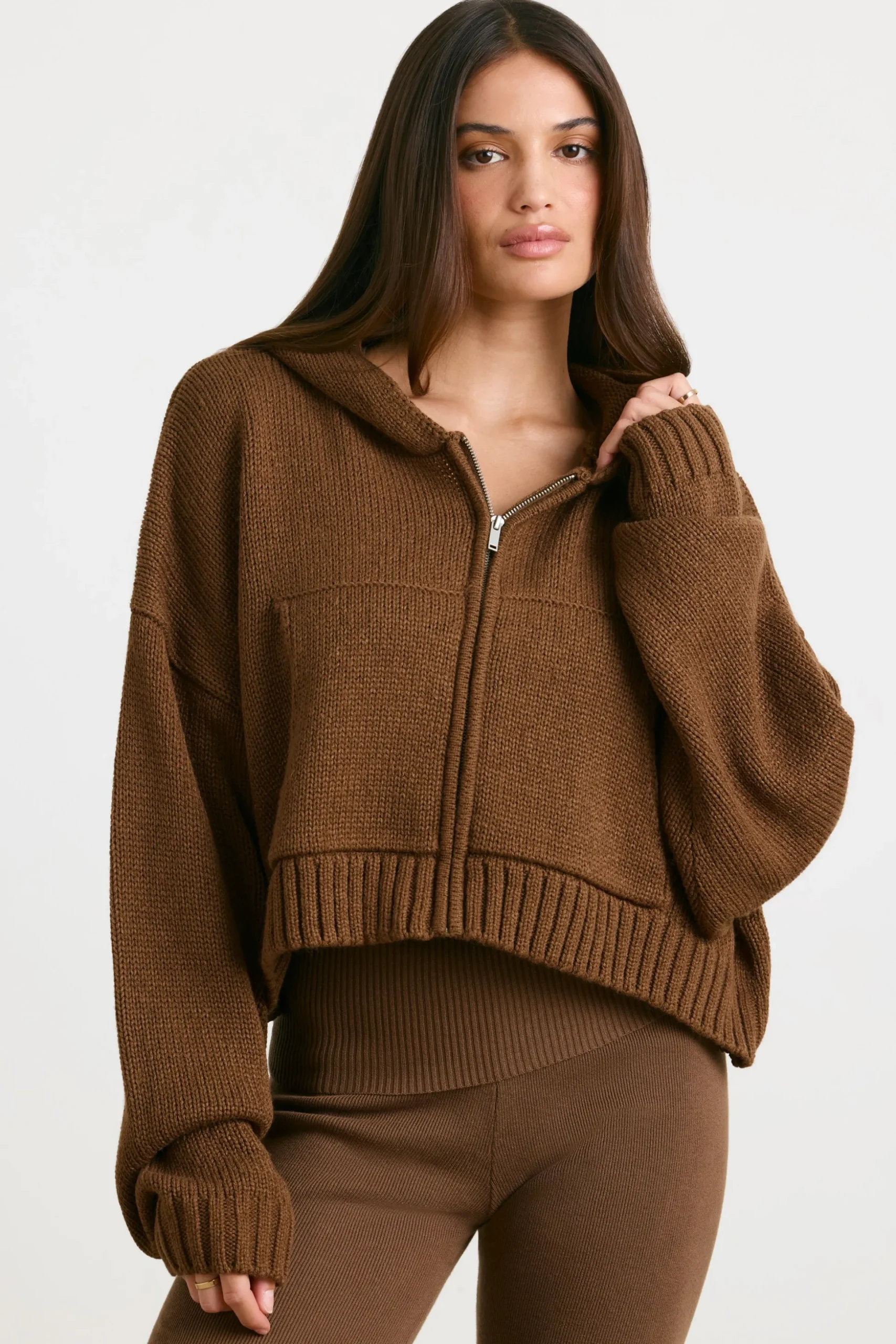 Oh Polly Knitwear | Sweatshirts^Cropped Zip Up Chunky Knit Hoodie in Espresso