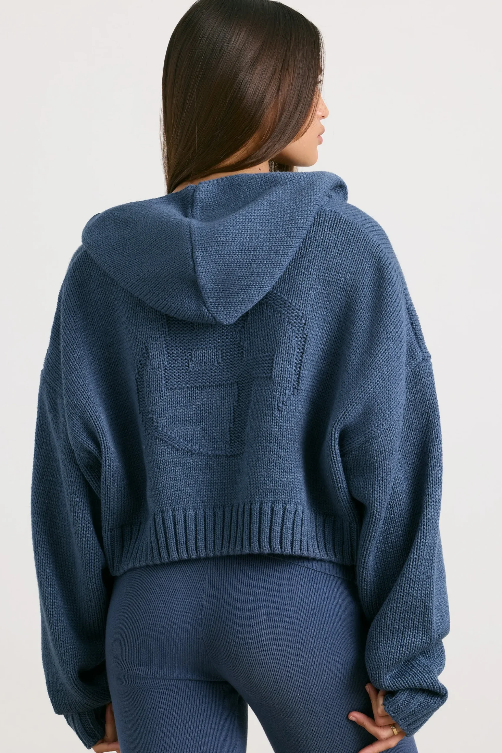 Oh Polly Knitwear | Sweatshirts^Cropped Zip Up Chunky Knit Hoodie in Washed Navy WashedNavy