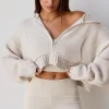 Oh Polly Knitwear | Sweatshirts^Cropped Zip-Up Chunky Knit Hoodie in Cream
