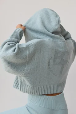 Oh Polly Knitwear | Sweatshirts^Cropped Zip-Up Chunky Knit Hoodie in Dusty Teal DustyTeal