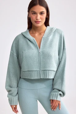 Oh Polly Knitwear | Sweatshirts^Cropped Zip-Up Chunky Knit Hoodie in Dusty Teal DustyTeal