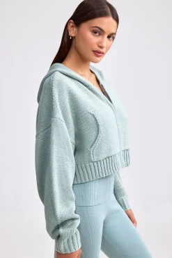 Oh Polly Knitwear | Sweatshirts^Cropped Zip-Up Chunky Knit Hoodie in Dusty Teal DustyTeal