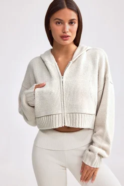 Oh Polly Knitwear | Sweatshirts^Cropped Zip-Up Chunky Knit Hoodie in Cream