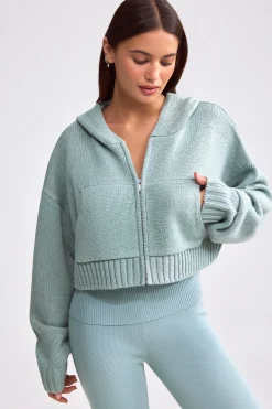 Oh Polly Knitwear | Sweatshirts^Cropped Zip-Up Chunky Knit Hoodie in Dusty Teal DustyTeal