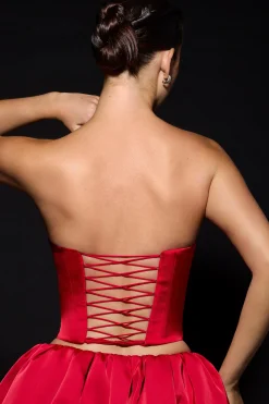 Oh Polly Tops^Curved Lace-Up Corset Top in Fire Red FireRed