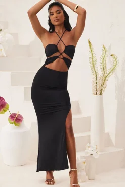 Oh Polly Tencel™ Modal Dresses^Cut Out Halter Neck Floor Length Maxi Dress in Black