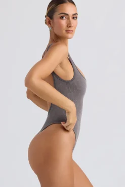 Oh Polly Tops | Tops^Cut-Out Bodysuit in Washed Charcoal WashedCharcoal