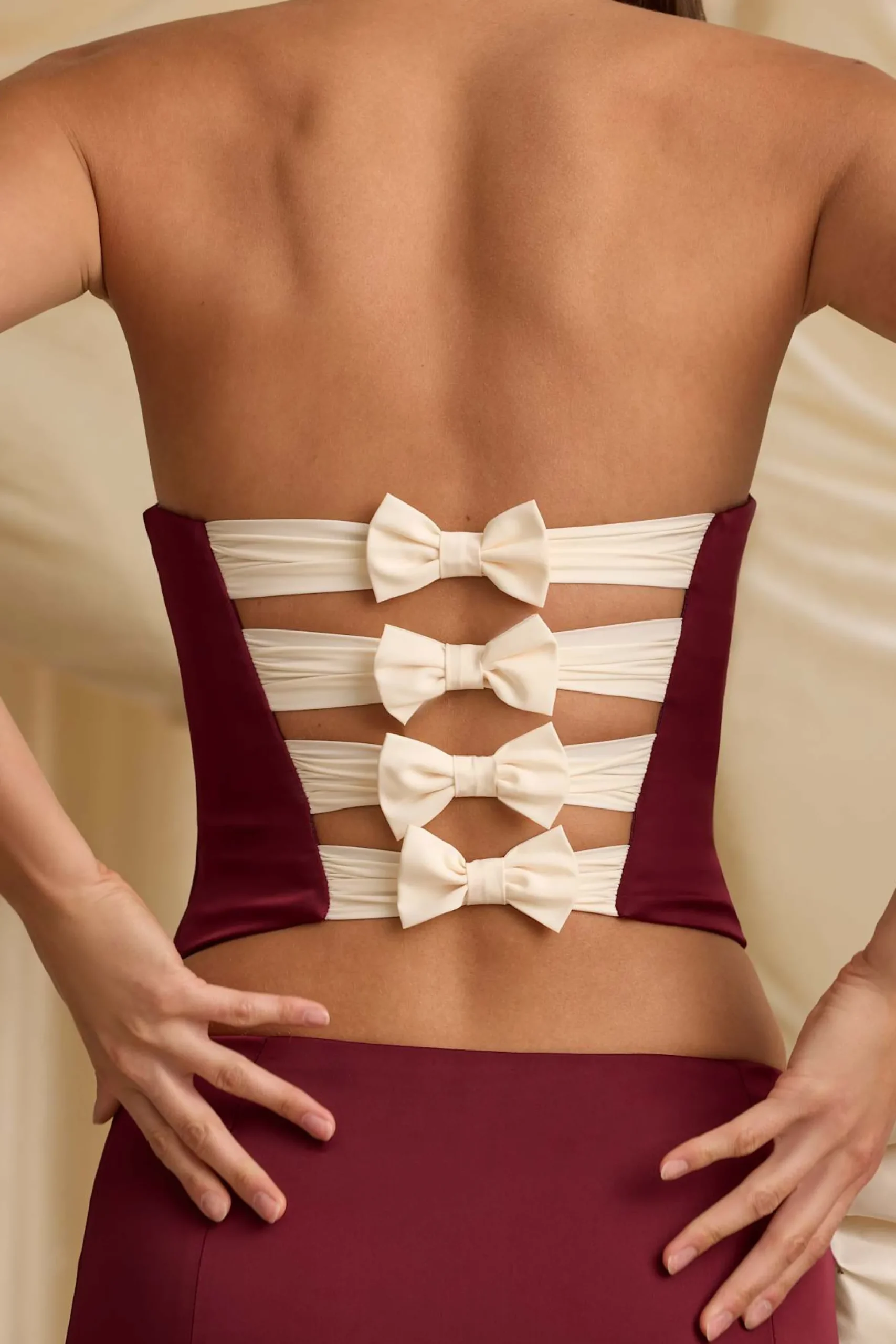 Oh Polly Tops^Cut-Out Bow-Detail Corset Top in Wine Red WineRed