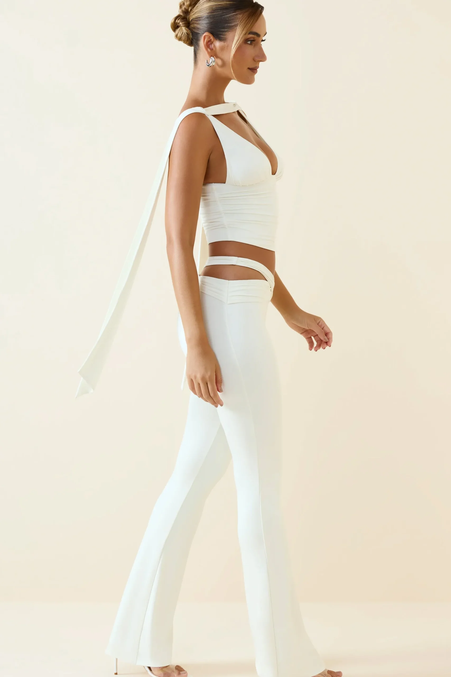 Oh Polly Bottoms | Co-Ords^Cut-Out Mid-Rise Flared Trousers in Vanilla