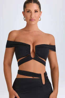 Oh Polly Co-Ords | Tops^Cut-Out Off-Shoulder Crop Top in Black