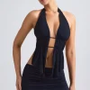 Oh Polly Tops | Night Out^Cut-Out Ruched Halterneck Crop Top in Black