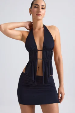 Oh Polly Tops | Night Out^Cut-Out Ruched Halterneck Crop Top in Black