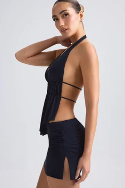 Oh Polly Tops | Night Out^Cut-Out Ruched Halterneck Crop Top in Black