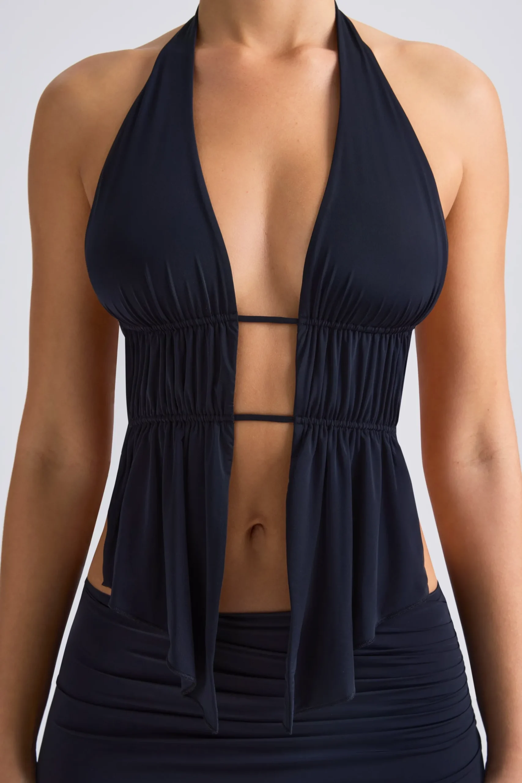 Oh Polly Tops | Night Out^Cut-Out Ruched Halterneck Crop Top in Black