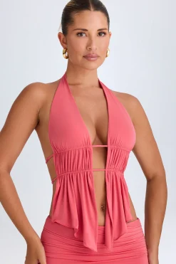 Oh Polly Co-Ords | Tops^Cut-Out Ruched Halterneck Crop Top in Coral