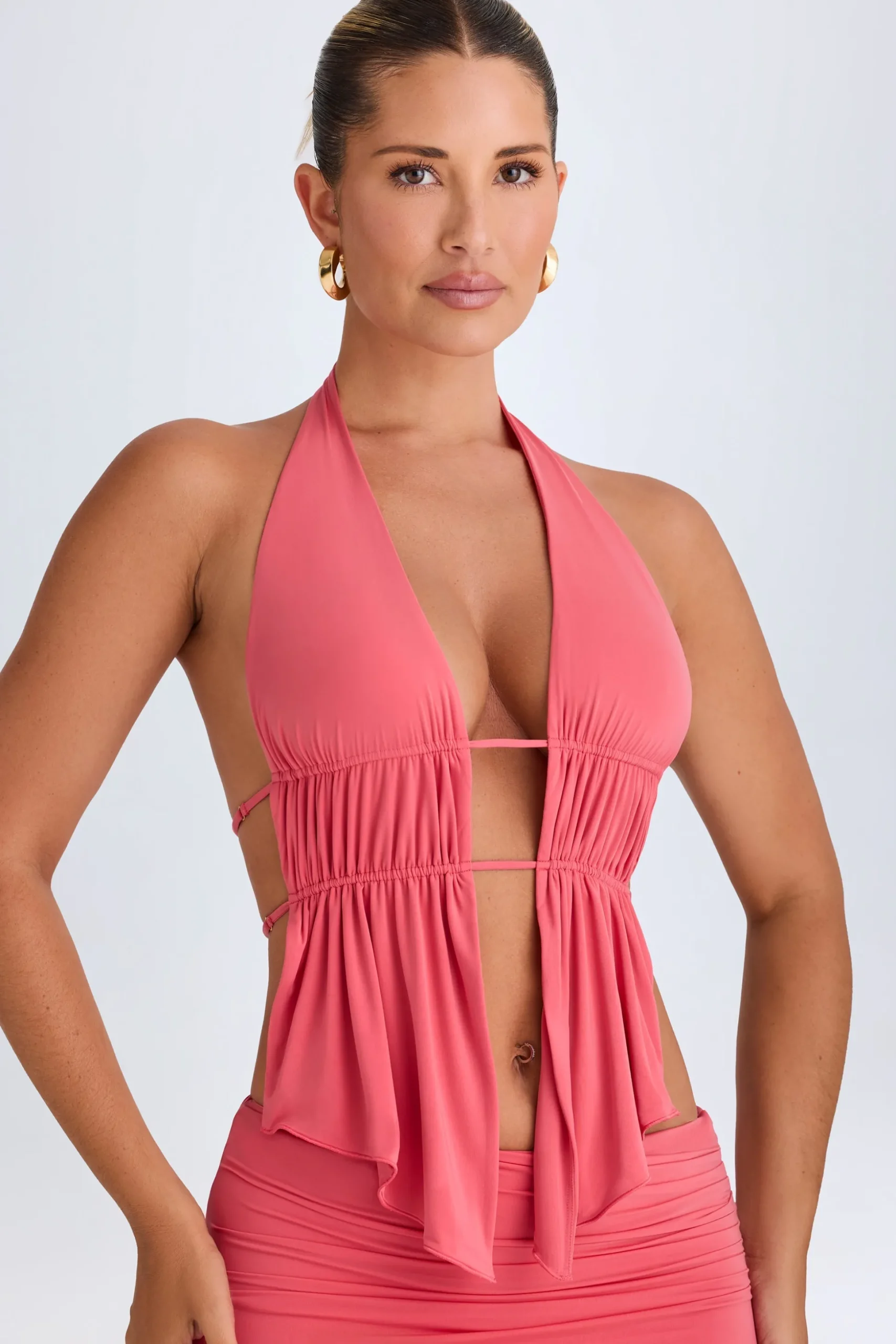 Oh Polly Co-Ords | Tops^Cut-Out Ruched Halterneck Crop Top in Coral