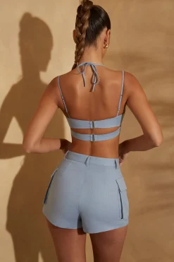 Oh Polly Co-Ords | Tops^Double Bust Detail Linen Bralette in Light Blue LightBlue