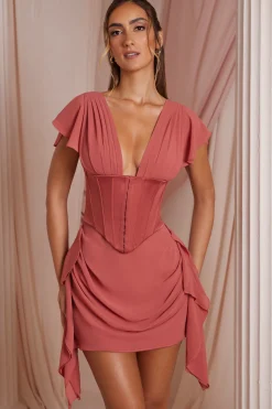 Oh Polly Georgette And Chiffon^Draped Corset Mini Dress in Terracotta