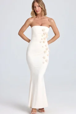 Oh Polly Bride To Be^Draped Floral-Appliqué Maxi Dress in Ivory