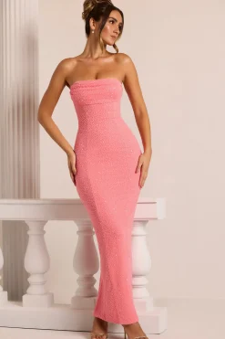 Oh Polly Wedding Guest | Birthday^Embellished Bandeau Cowl Neck Maxi Dress in Coral
