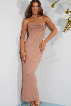 Oh Polly Wedding Guest | Homecoming Dresses^Embellished Bandeau Cowl Neck Maxi Dress in Beige