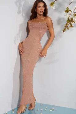 Oh Polly Wedding Guest | Homecoming Dresses^Embellished Bandeau Cowl Neck Maxi Dress in Beige