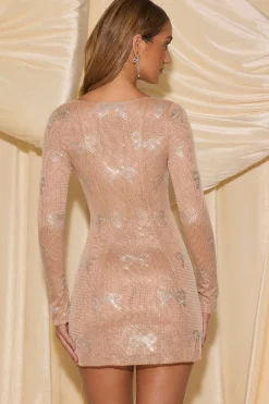 Oh Polly Embellished Dresses^Embellished Bow-Detail A-Line Mini Dress in Almond