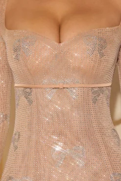 Oh Polly Embellished Dresses^Embellished Bow-Detail A-Line Mini Dress in Almond