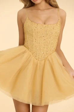 Oh Polly Women'S Clothing Sale - $65 And Under | Party Dresses^Embellished Corset Tulle Skirt Mini Dress in Gold