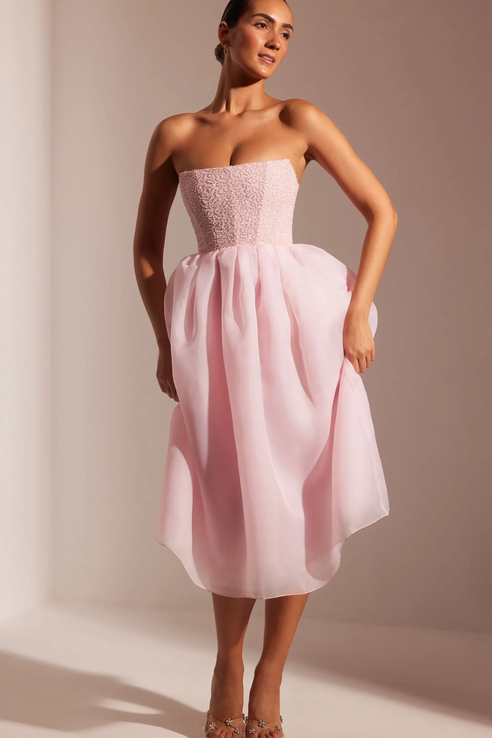 Oh Polly Party Dresses | Birthday^Embellished Corset Tulle Skirt Midi Dress in Blush
