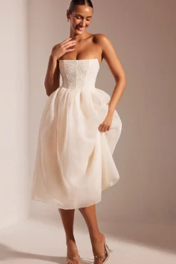 Oh Polly Party Dresses | Birthday^Embellished Corset Tulle Skirt Midi Dress in Ivory