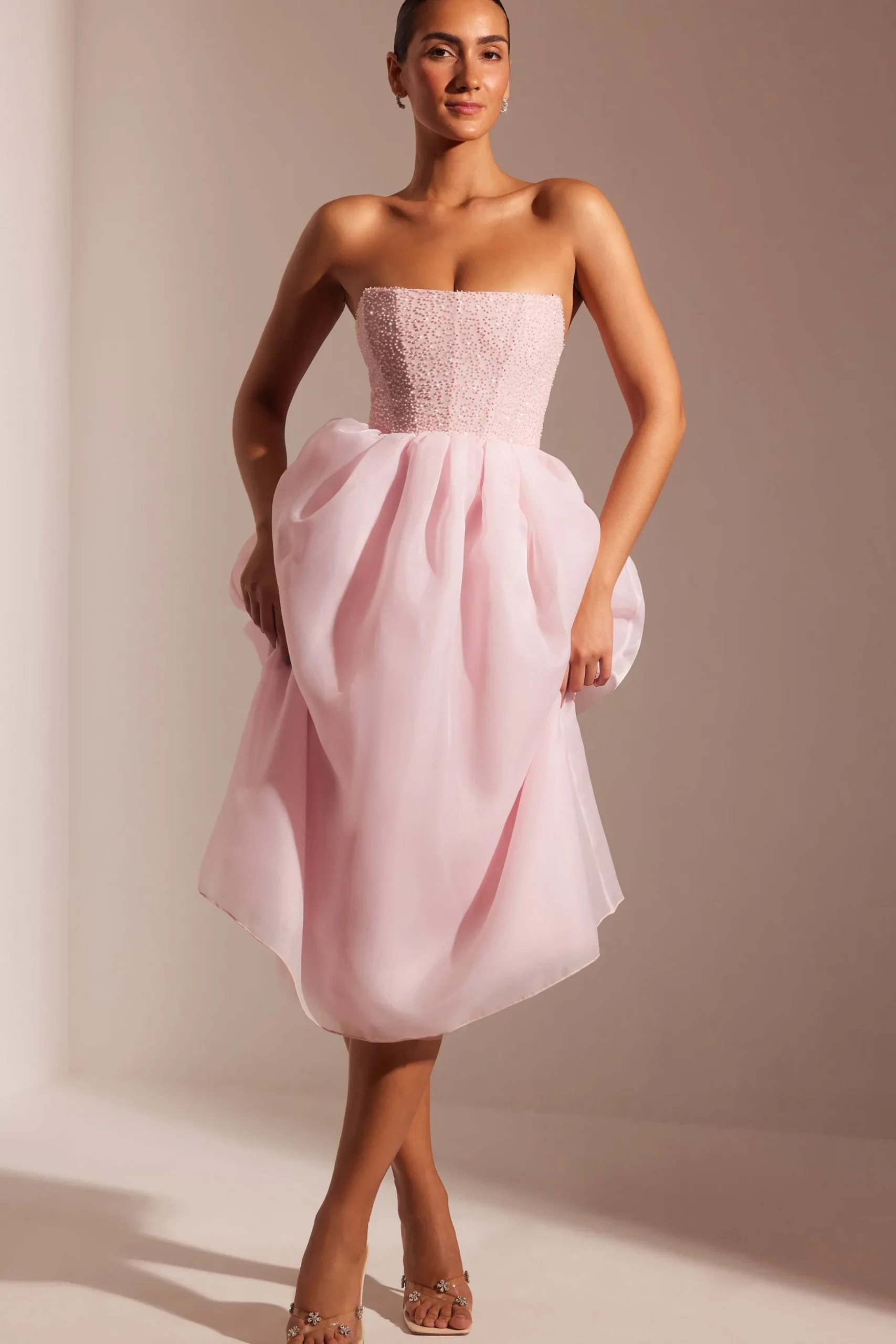 Oh Polly Party Dresses | Birthday^Embellished Corset Tulle Skirt Midi Dress in Blush